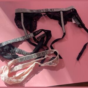 Victoria's Secret black shine Lace Garter &  Mesh & Lace Panty set lot